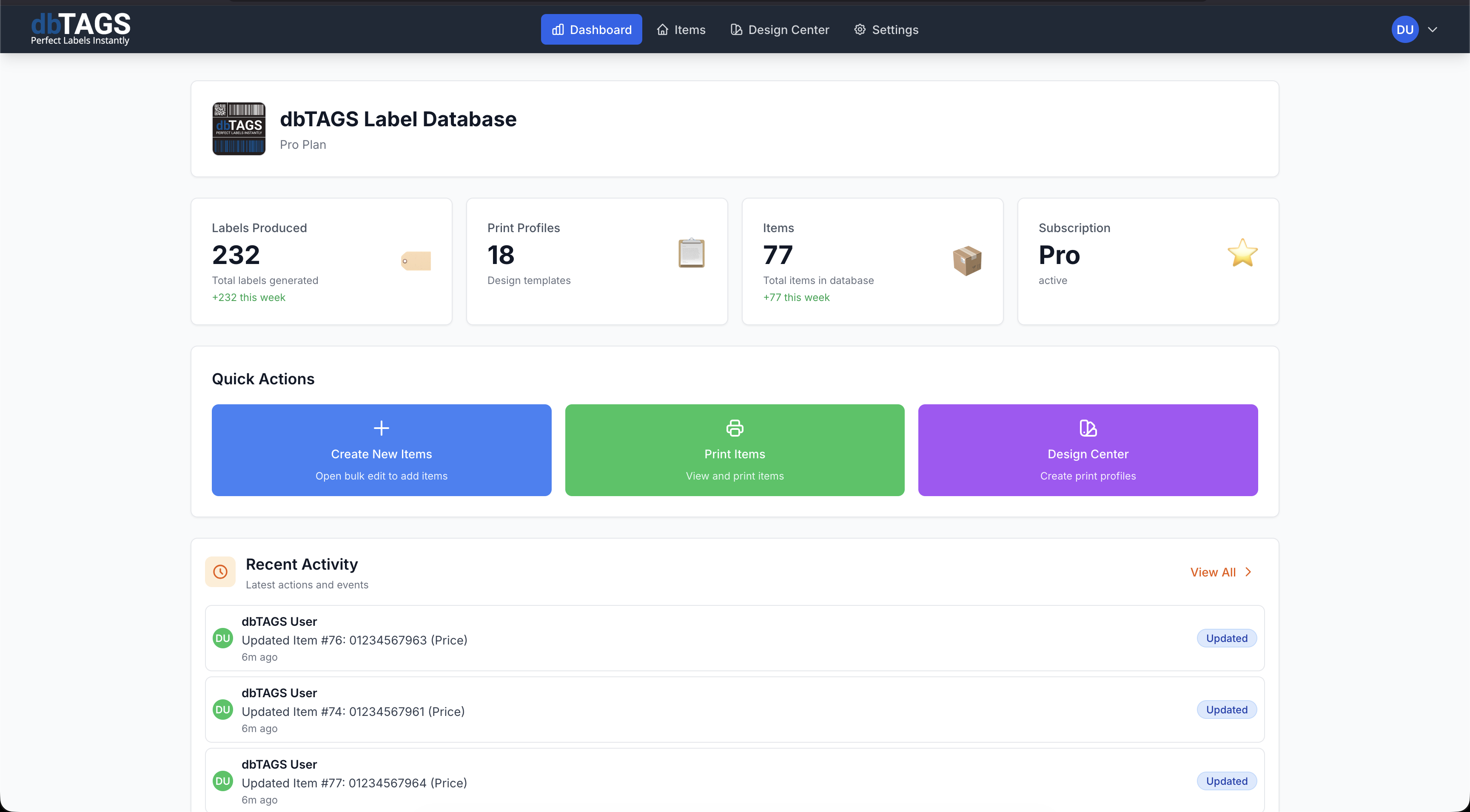 dbTAGS Dashboard - Overview of your label management system